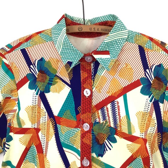 Short Shirt Dress Bold Tropical Print 3/4 Sleeves Button Front Tie Back XL Tiki - Picture 3 of 6